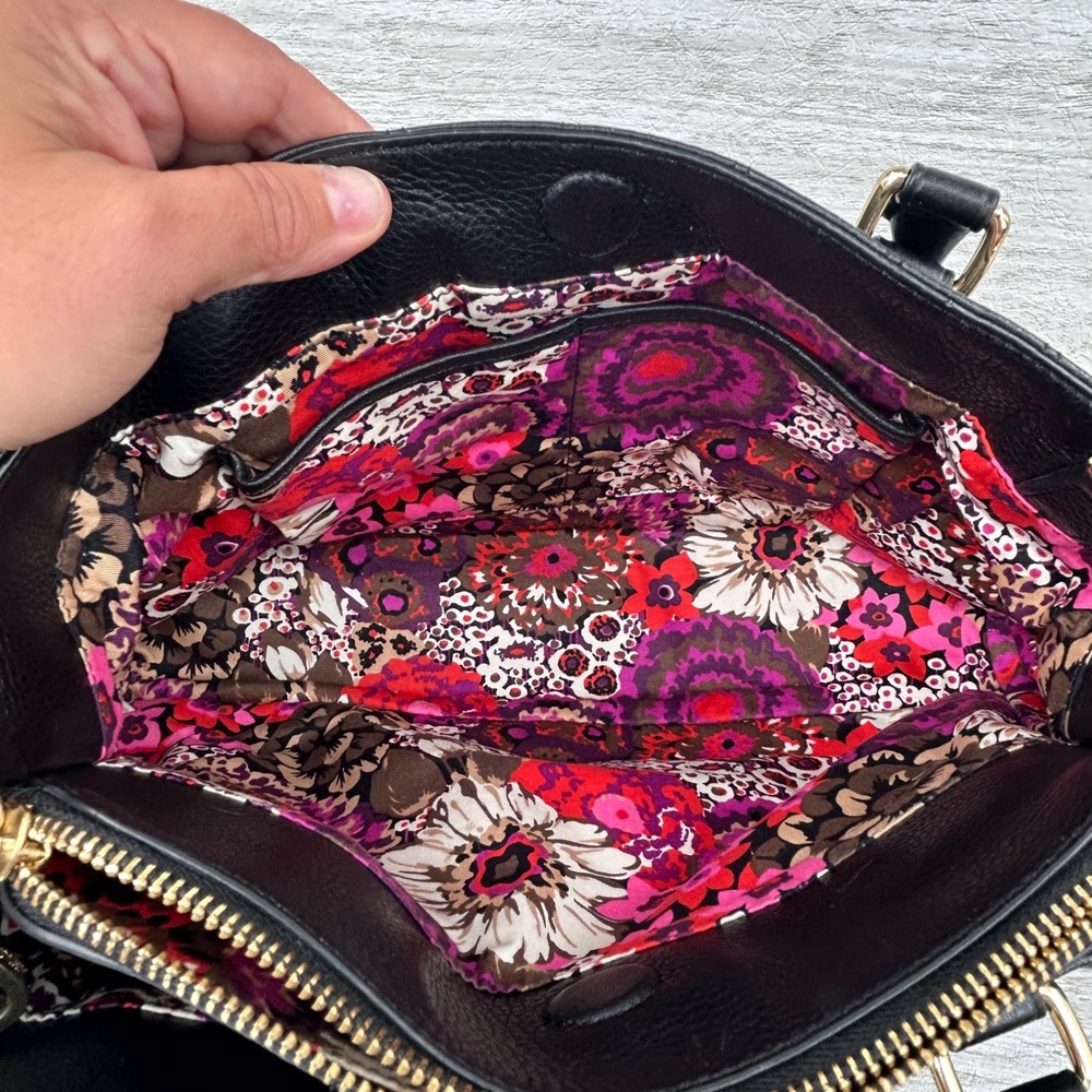 Vera Bradley Black Quilted Emma Leather Satchel Crossbody Bag Floral - Picture 10 of 10